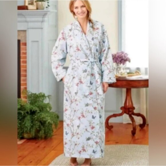 Vermont Country Store Portugese Cotton Poplin Cherry Blossom Wrap Robe Small - Picture 1 of 7